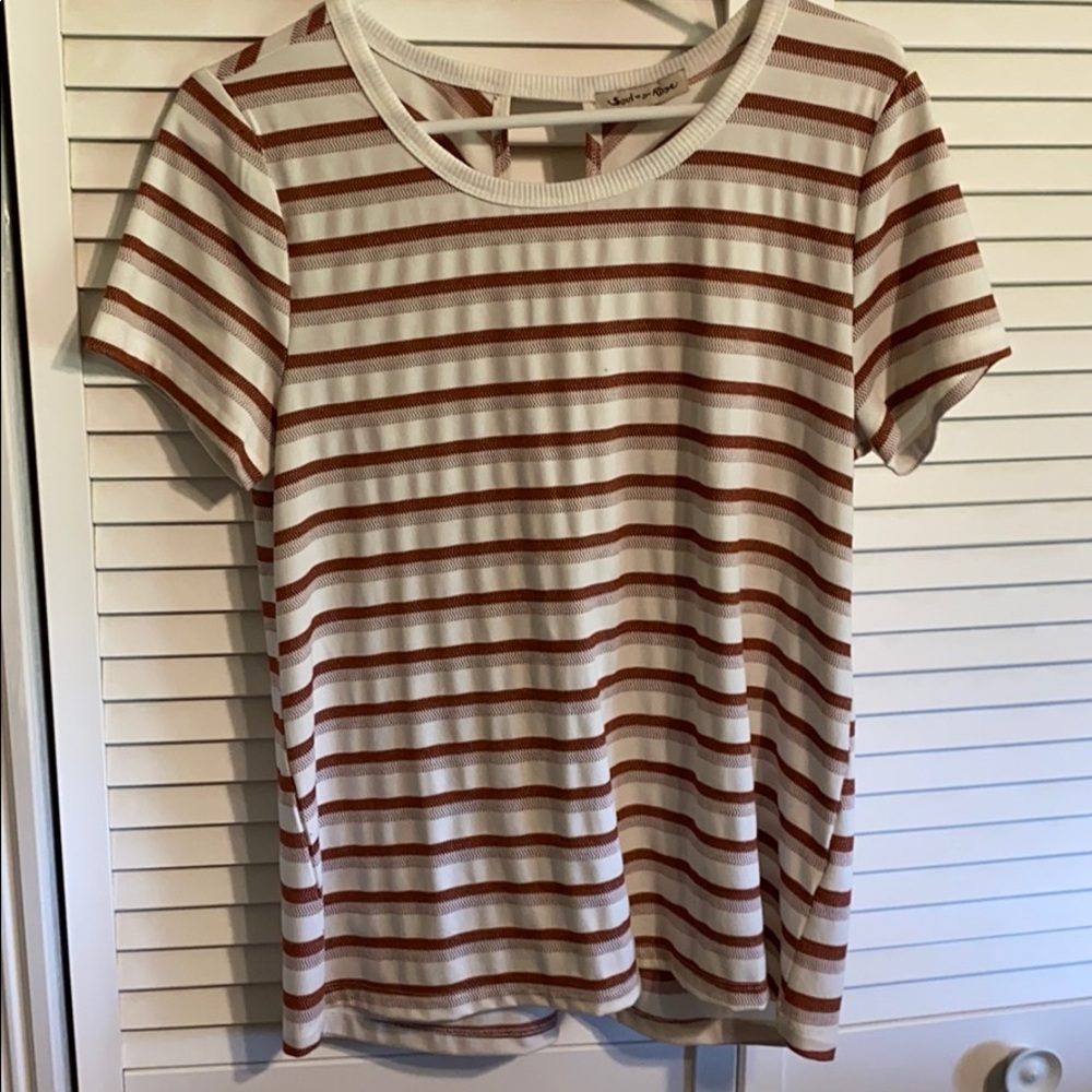 Brown, White and Tan strip twist back tee